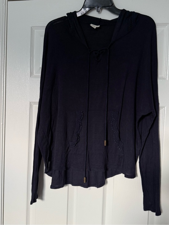 Paper Crane Tops - Paper Crane Navy Hooded Knit Pullover Top with Crochet Trim